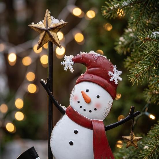 Rustic Snowman Yard Stake Vintage Metal Christmas Ground Stake, Distressed Sculpture with Three Climbing Snowmen Garden Sign for Outdoor Holiday