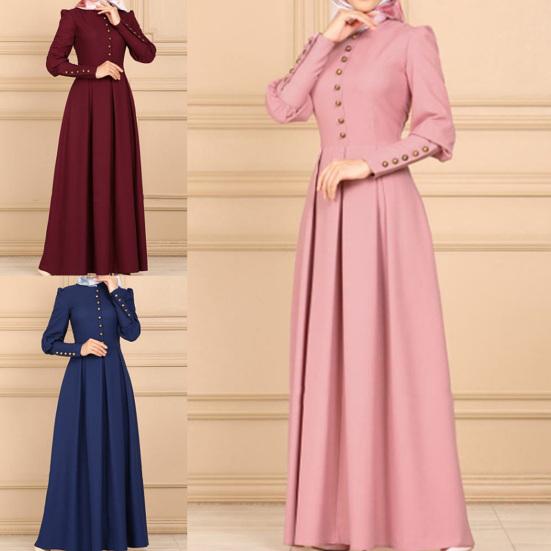 Knöpfe Dekor Plissiert Großer Saum Maxi Kleid Einfarbig O-Ausschnitt Knöpfe Manschette Hoch