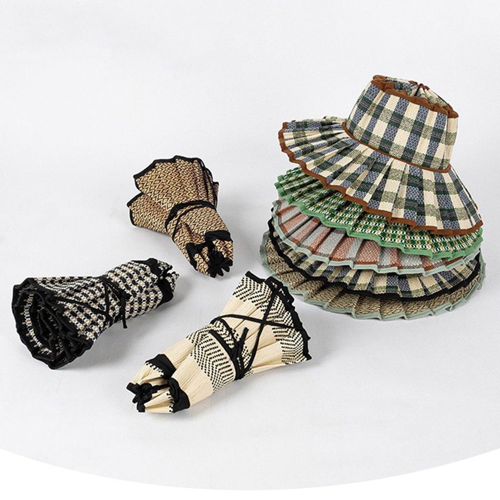 Women Plaid Foldable Sun Hat Lightweight Casual Pleated Wide Brim Hat for Outdoor Activities Travel Beach Daily Use