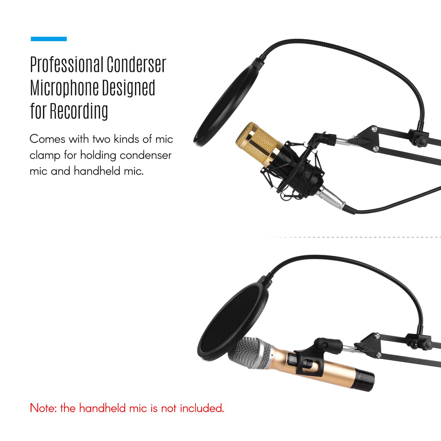 

Профессиональный конденсаторный микрофонный комплект с вибростойким держателем, регулируемой металлической стойкой, поролоновым колпачком, фантомным питанием 48 В, поп-фильтром