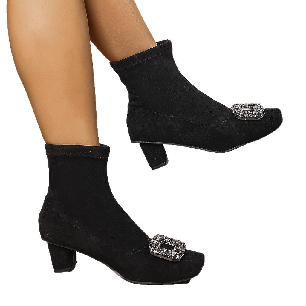 French Thick Heel High Heel Short Boots Women's Autumn and Winter Rhinestone Square Buckle Elastic Thin Boots Light Luxury Temperament Pointed and