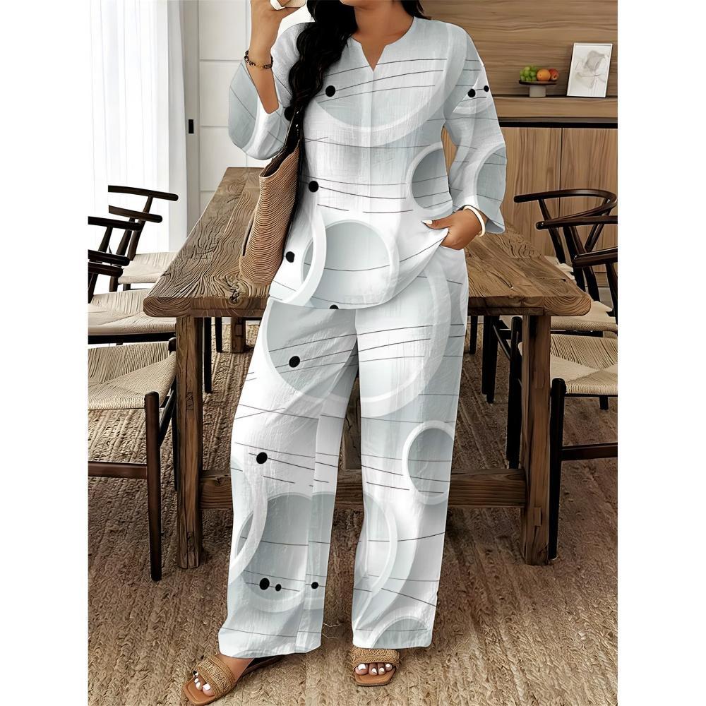 1116 European and American Geometric Printing V-neck Shirt High Waist Drape Wide Leg Pants Complete Set of Women's Clothing