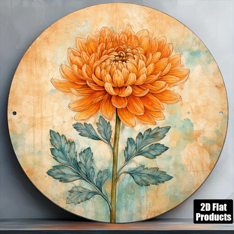 D Flat pc InXCm D Flat Round Sign Vintage Plaque about Chrysanthemums Orange Floral Decorative Sign Suitable for