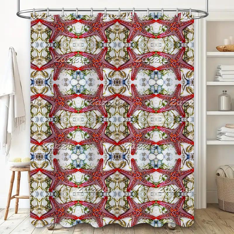 Home Decor Shower Curtain Red Floral Design with Symmetrical Pattern for Bathroom Decoration 3D Printing Waterproof Fabric Size: