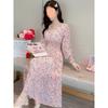 Rochie de vară cu imprimeu floral din șifon și decolteu în V pentru femei, cu volane, mâneci lungi, linie A dulce, rochie de zână de primăvară și de vară