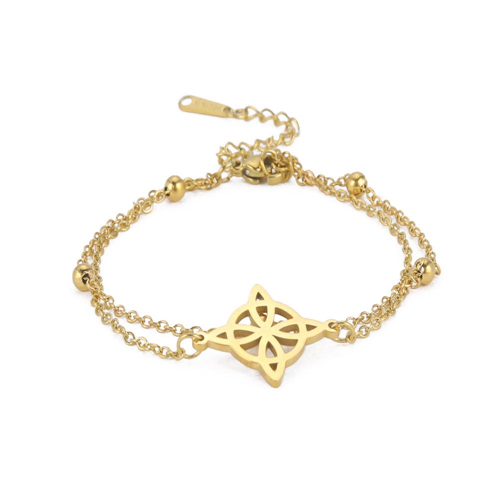 Double Layer Stackable Welded Cross Chain with Hollow Four Leaf Clover Round Pendant Bracelet
