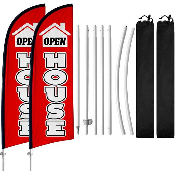 2 Pack Real Estate Agent Flags, 8FT Open House Signs with Flagpole Kit, Ground Stake, Windless Open House Supplies Flag Banner for Events,