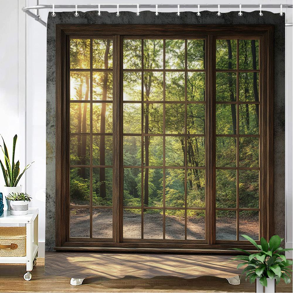 Forest Scenery Outside the Window Shower Curtain Bath Curtain Landscape Printed Bathroom Curtains for Home Decoration Curtain