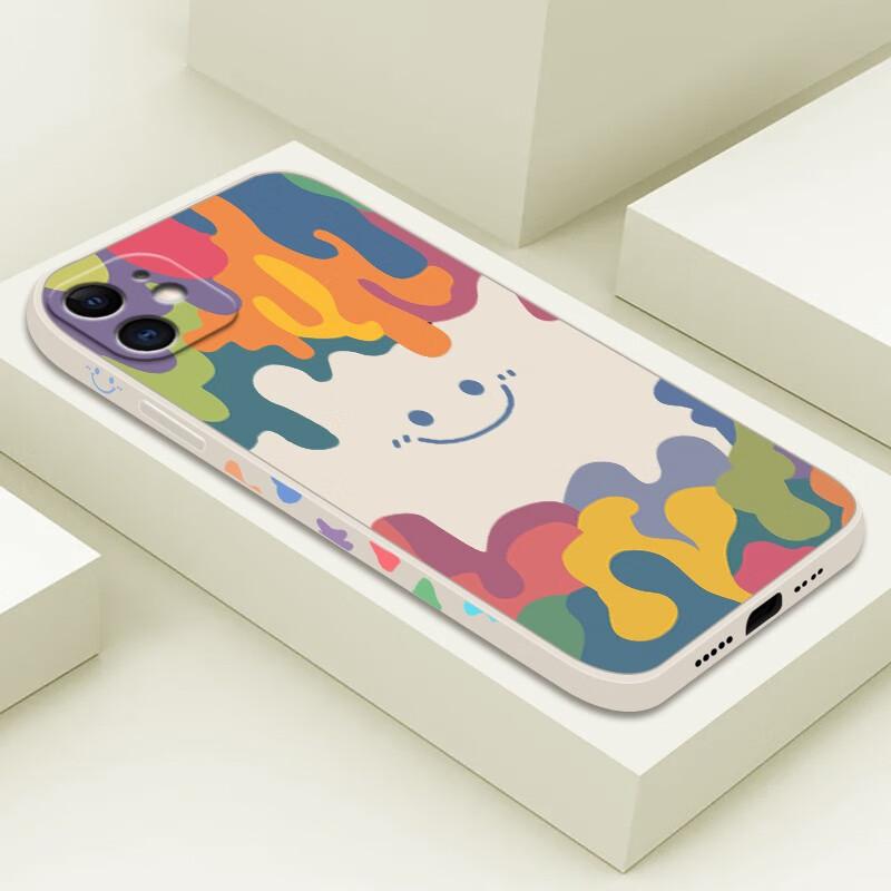 Liquid Silicone Case for IPhone 11, Protective Cover with Painted Creative Design, Shockproof Soft Smiley Face], 6.1 Inch, White