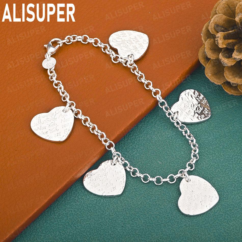 925 Sterling Silver Heart-Shaped Side Chain Romantic Bracelet Gift Jewelry 20CM