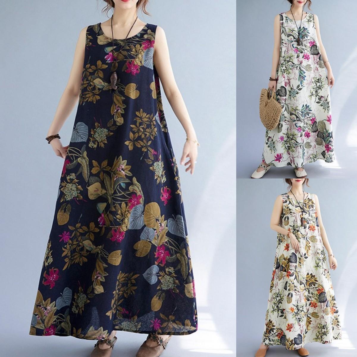 

Женское летнее платье, винтажное хлопковое льняное длинное платье без рукавов с цветочным принтом, повседневная свободная одежда, уличная одежда, макси-платья, пляжные платья XS красный