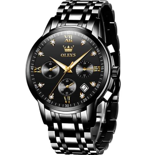

Olevs Men s Watch: Black Quartz, Waterproof, Analog, Business Watch with Date Display, Metal Band, Black Chronograph, Large Watch for Men, Casual Fash