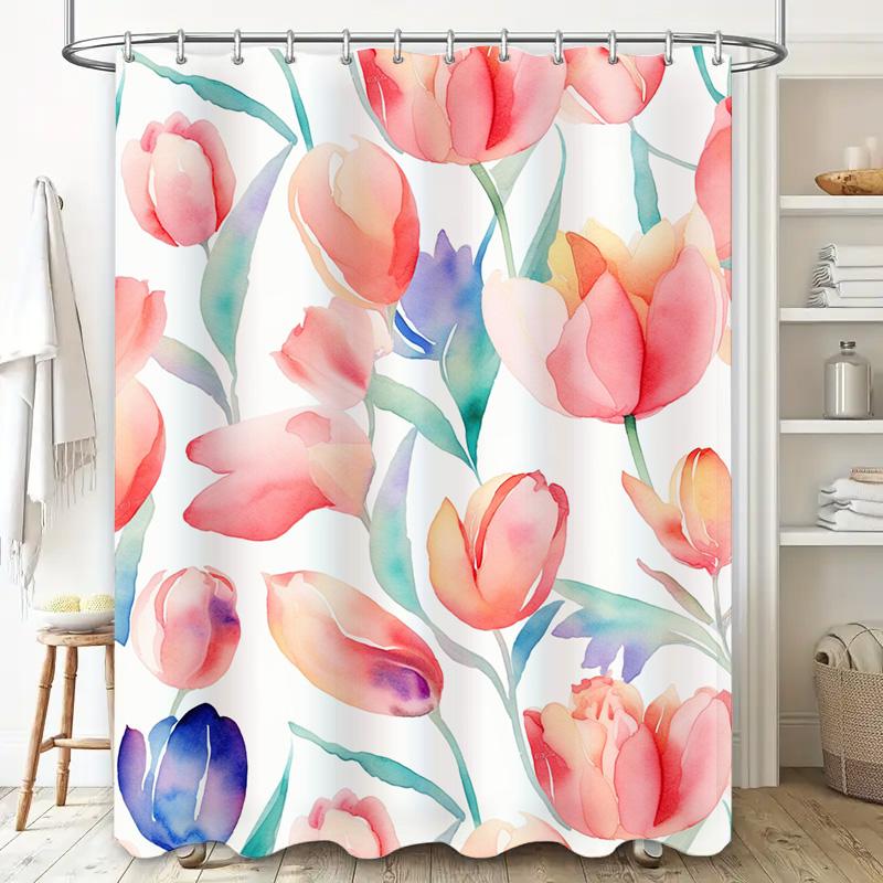 Watercolor Tulip Shower Curtain Decor for Bathroom Soft Fabric with Hooks Included in Multiple Colors