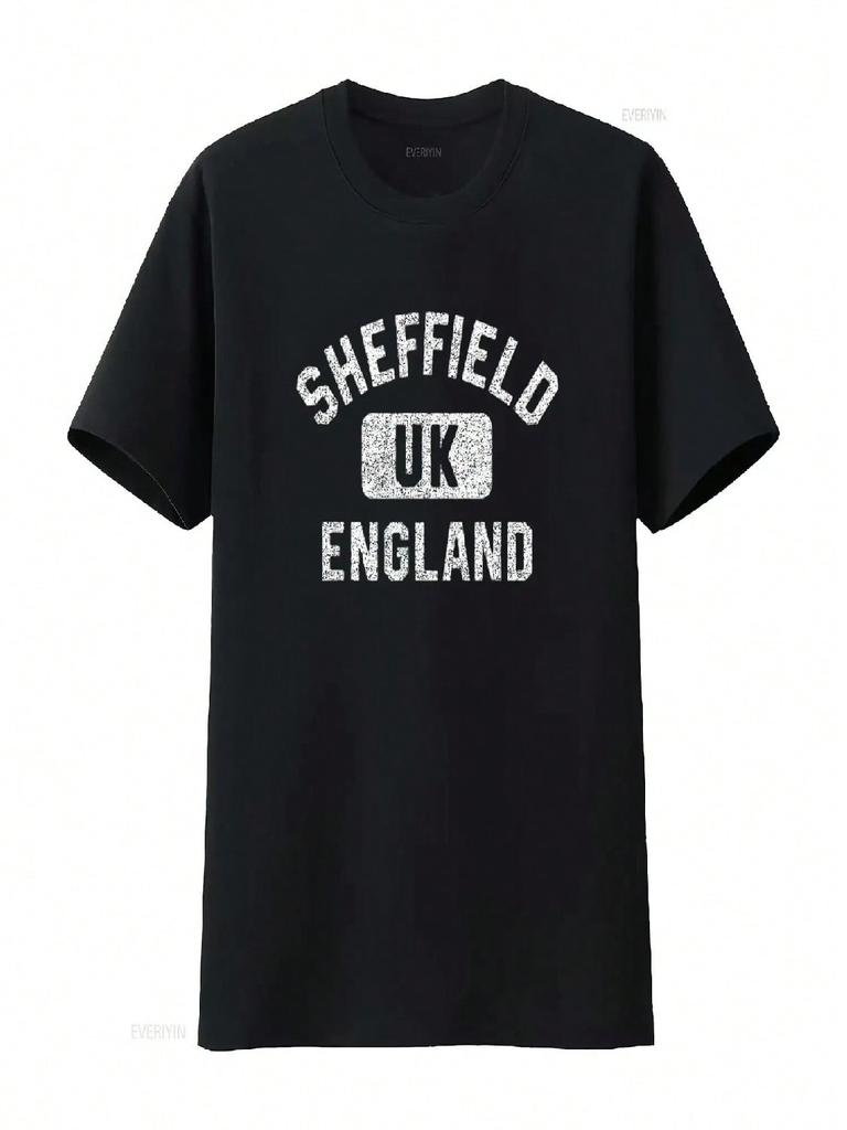 Unisex Sheffield England UK Gym Style Distressed White Print T Shirt Black Vintage Washed Stylish Casual Homme