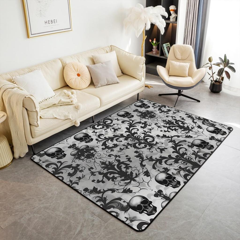 Erosebridal Moth Skull Moon Area Rug 4'11" X 3'3" Bohemian Stars Exotic Living Room Rugs Starry Sky Mysterious Decorative Carpet Black and W