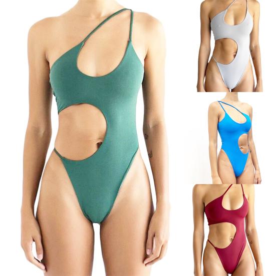 

Women Swimsuit Solid Color One Shoulder Spaghetti Strap Hollow Out Lady