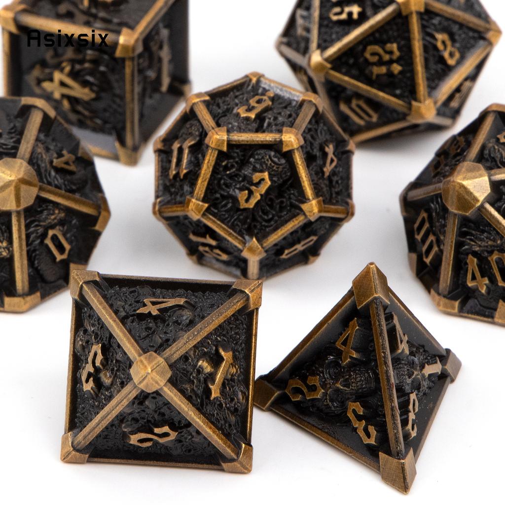 7 Pcs Black Yellow Skull Metal Dice Solid Metal Polyhedral Dice Set Suitable for Role-Playing RPG Board Game Card Game