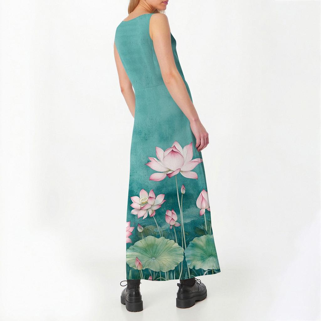 Women's Summer Casual Fashion Flower Printed Sleeveless Round Neck Pocket Dress