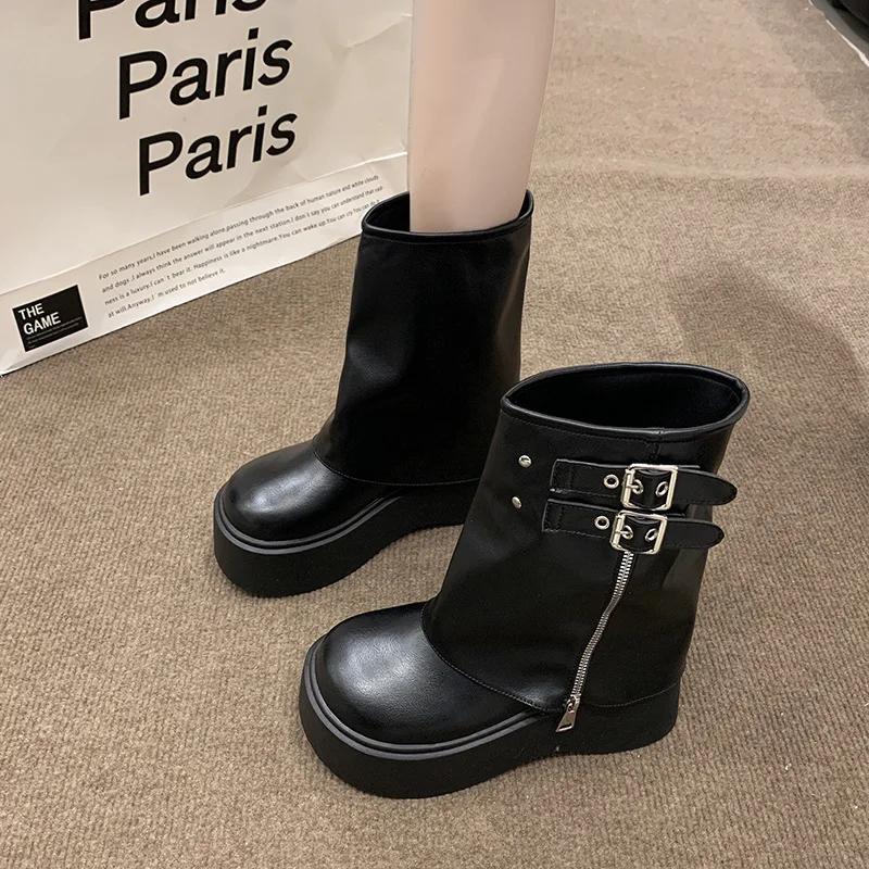 Soft Leather Ankle Mid Calf Boots Winter Autumn High Platform Wedge British Booties Woman New Ladies Chunky Motorcycle Boots 9CM