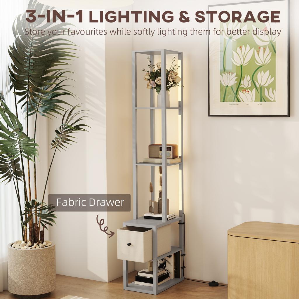 Floor Lamp with Shelves, LED Column Modern Standing Lamp with Fabric Drawer, Adjustable Brightness, Foot Switch for Living Room, Bedroom, Office, Grey