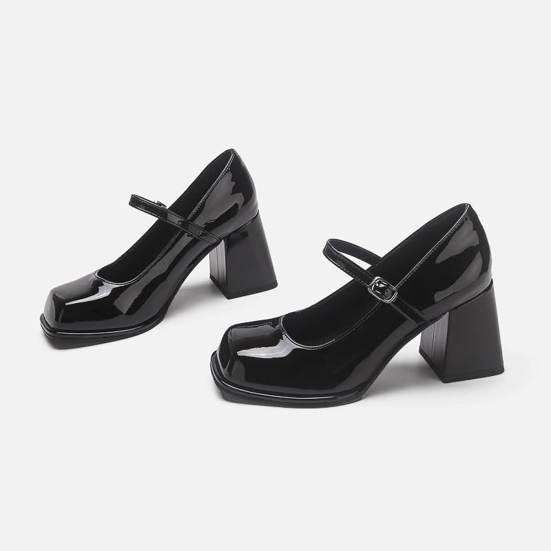High heels women's retro black college style one-word buckle square head thick sole thick heel small leather shoes Mary Jane single shoes