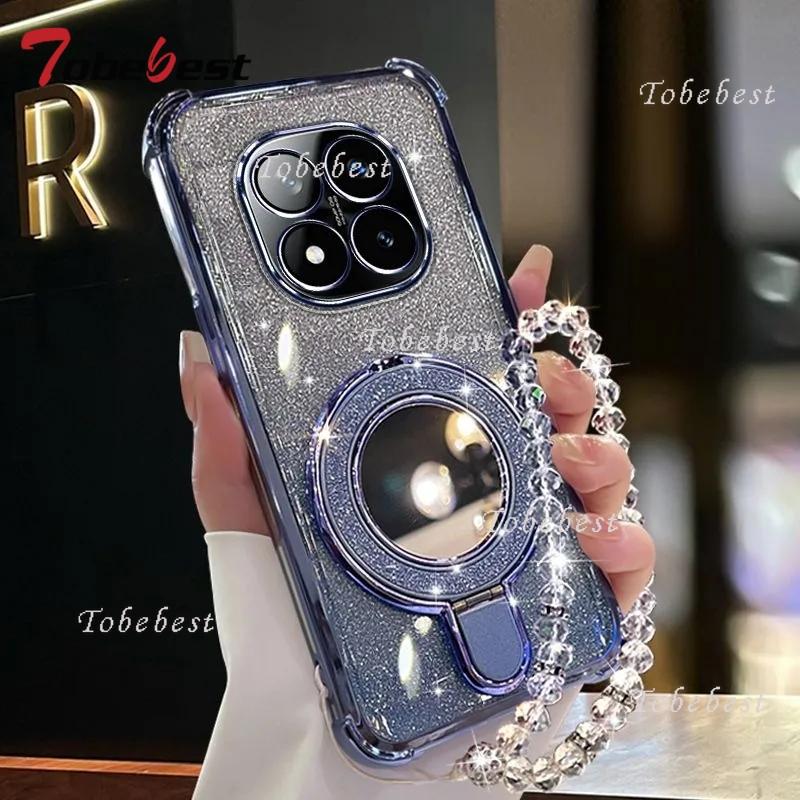 For Xiaomi Redmi Note 14 13 13R 12 11 10 9 9S 8 Pro Plus 4G 5G Case Glitter Plating Mirror Magnetic Phone Holder Bracelet Cover