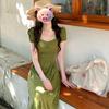 Celebrity Daughter Senior Sense French Age Reduction Polka Dot Square Collar Dress Summer New Korean Green Long Dress