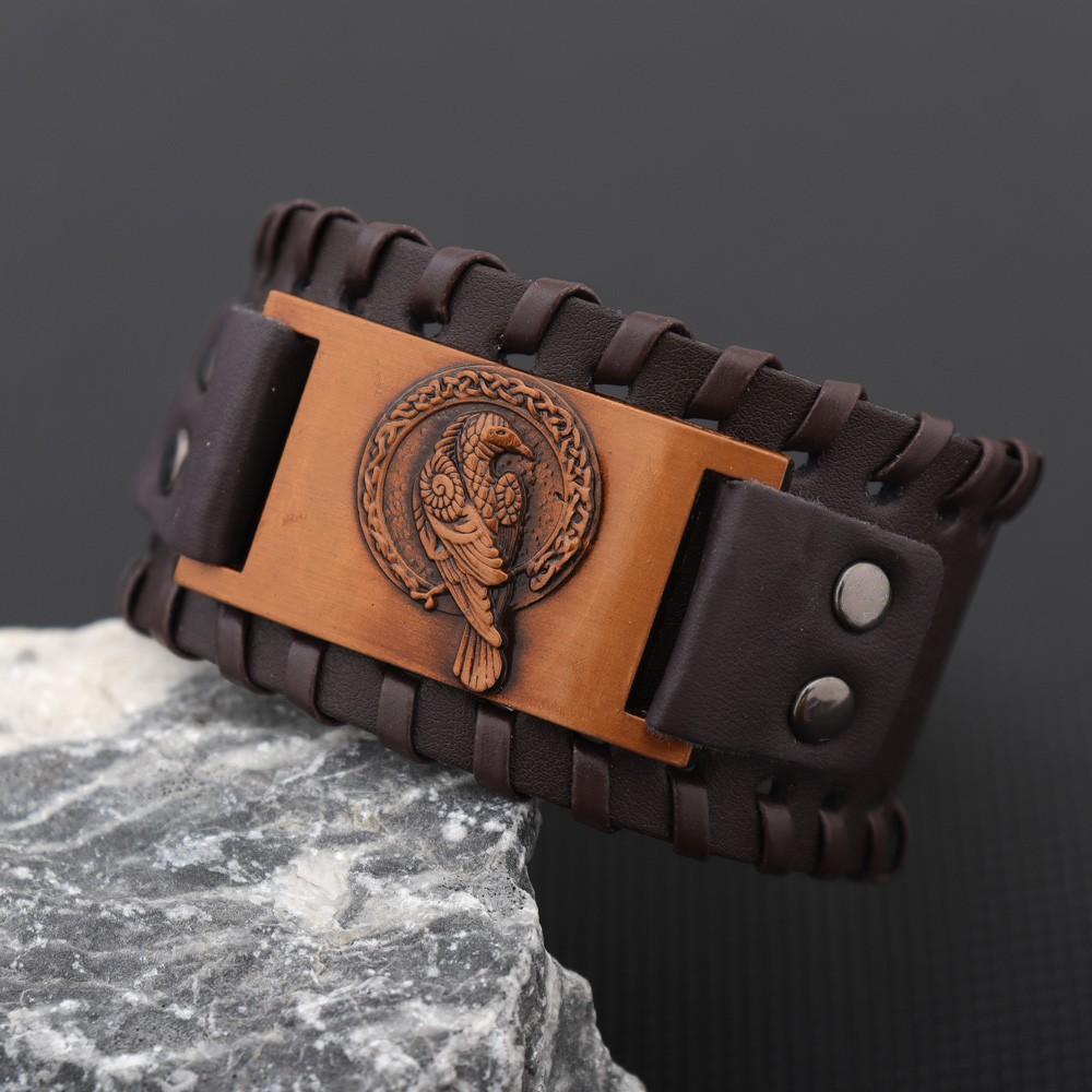 Trendy Wide Leather Woven Viking Rune Bracelet for Men Hip Hop Punk Jewelry Accessory Nordic Crow Charm Fashion