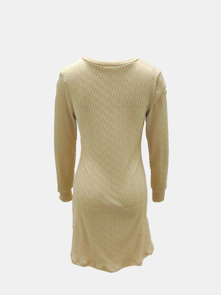 Elegant French V-neck A-line Textured Autumn Dress - Women's Long Sleeve Solid Color
