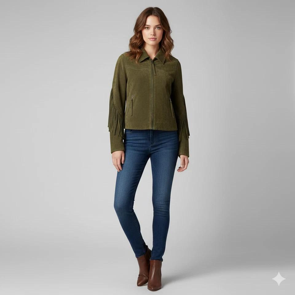

Olive Green Motorcycle Causal Wear Women s Suede Leather Handmade Genuine Jacket 3XL оливковий колір