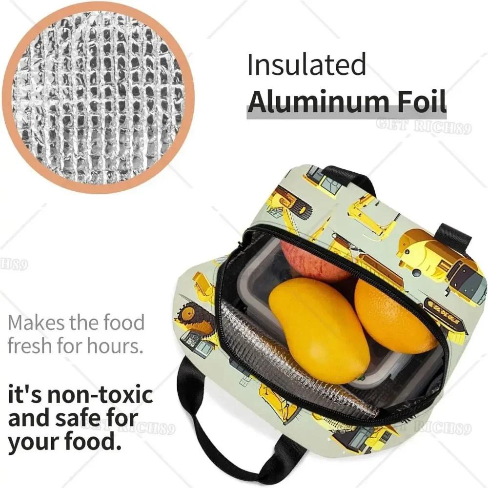Construction Machinery and Equipment Set Insulated Lunch Bag for Women Men Cars Reusable Lunch Box for Office Work Picnic Beach