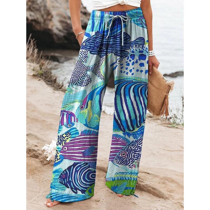 Women's Drawstring Relaxed-Fit Casual Pants 3D Floral Print Comfortable Breathable Fashionable Wide-Leg Pants