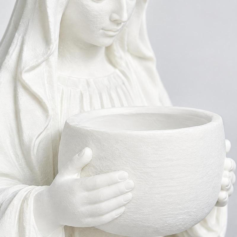 Catholic Our Lady Sculpture Holy Mother Statue Rosary Holder with Textured Drapery and Integrated Form for Interior Study or Display Cabinet Styling