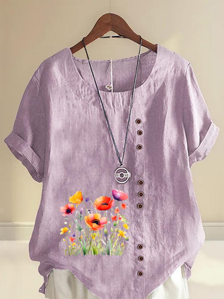 Women's Fashion Flower Print Casual Cotton Linen Short Sleeve Round Neck T-shirt Shirt Leisure Loose Summer Blouse Tops