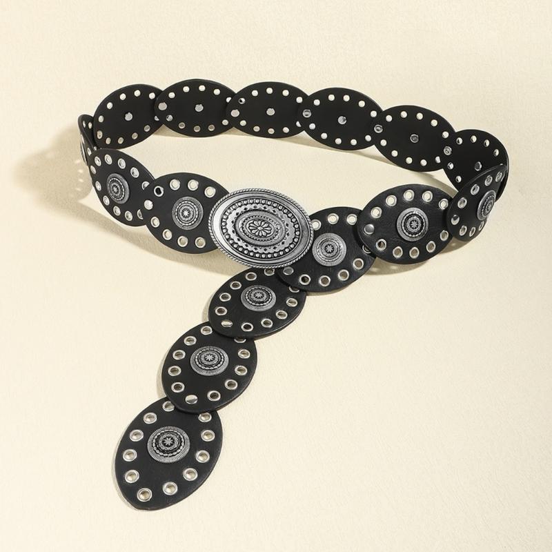Oval Eyelets Belt for Women Bohemian Style Waist Belt Hollowed Out Wide Belt for Teens Girls Female Western Cowboy Belt