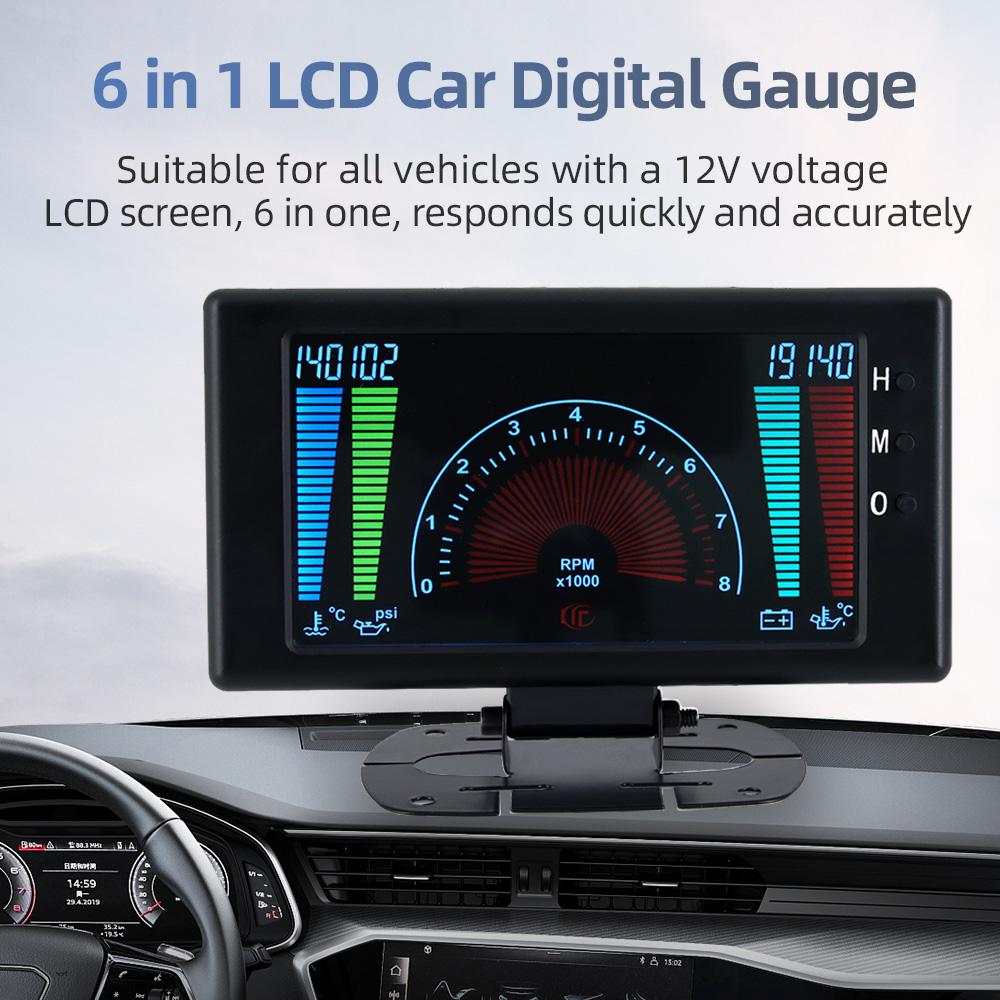 6 In 1 Vehicles Gauge 12V Car Universal Fit Water Temperature Digital Temp Measure LCD Screen Voltage Meter Oil Pressure