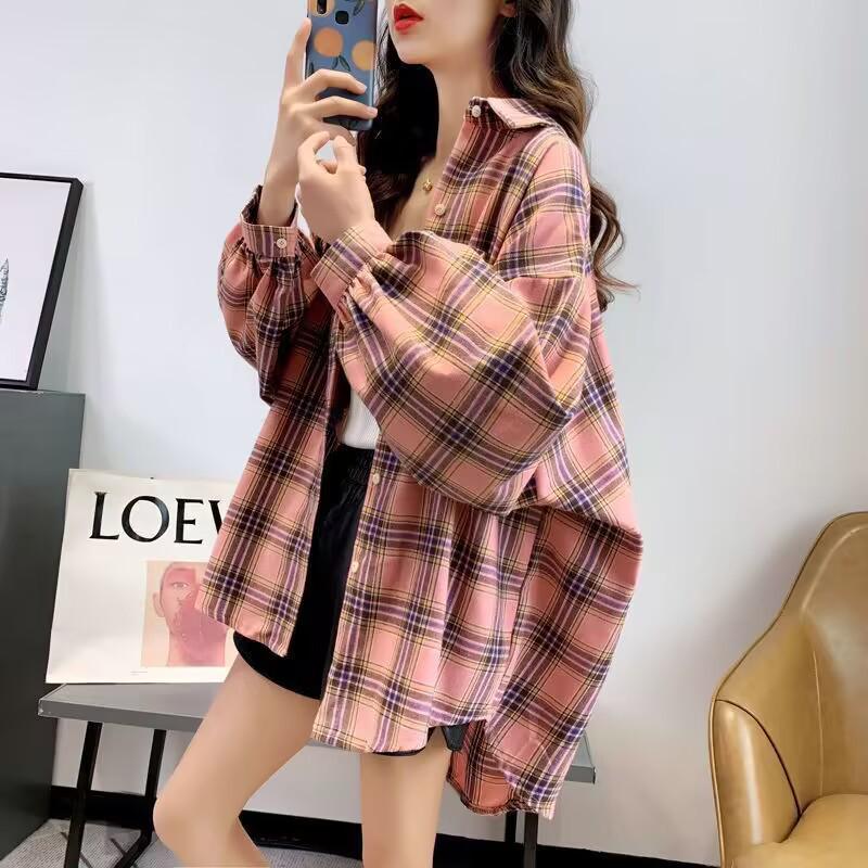 2026 Spring/Autumn Women's Loose Plaid Shirt - Versatile Korean Retro Hong Kong Style Outerwear.