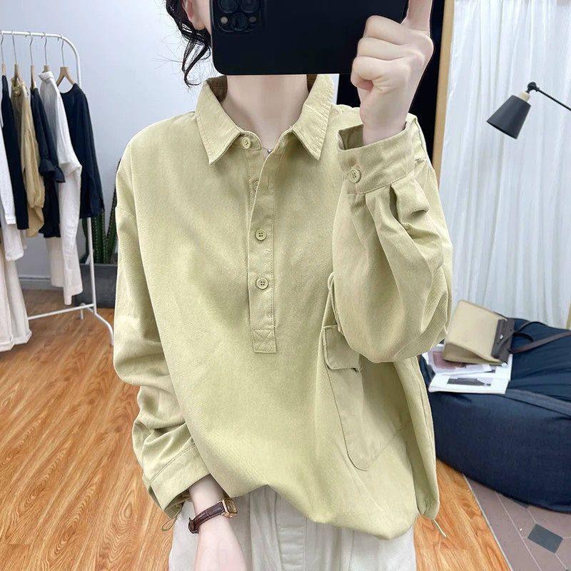 

Designed Pure Cotton Long-Sleeved Shirt for Women, Spring New Style 2026, Hong Kong Style Pullover Top, Retro Loose Shirt, Trendy Light Khaki L
