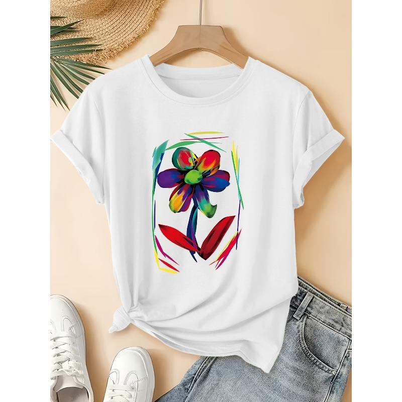 Women'S Elegant Style Short Sleeve Modern Art Style Colorful Floral Print Round Neck Short Sleeve Top for Spring Summer Fashion