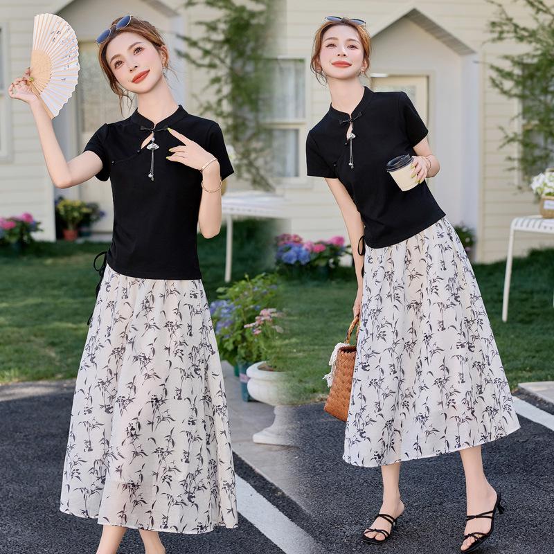 

Лето 2025 Новинка Юбка миди А-силуэта в китайском национальном стиле и модный топ Костюм-двойка XL 120-130 jin