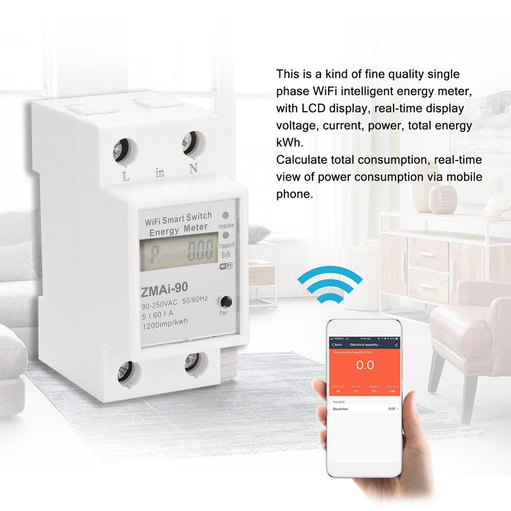 Single-Phase Din Rail Wifi Intelligent Energy Meter Power Consumption Kwh Meter Wattmeter Support SmartlifeCelsius App Control Compatible with
