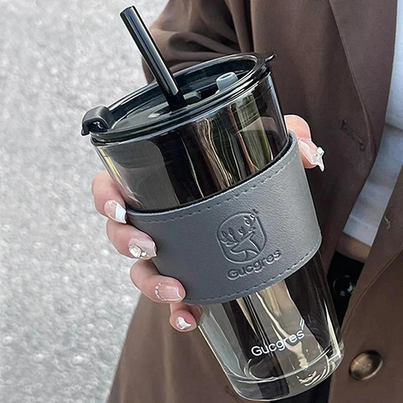 Vaso de Vidrio de Bambú Viento de Alta Belleza de 450ML Verano Pajita Gran Capacidad Vaso de Pajita para Mujer