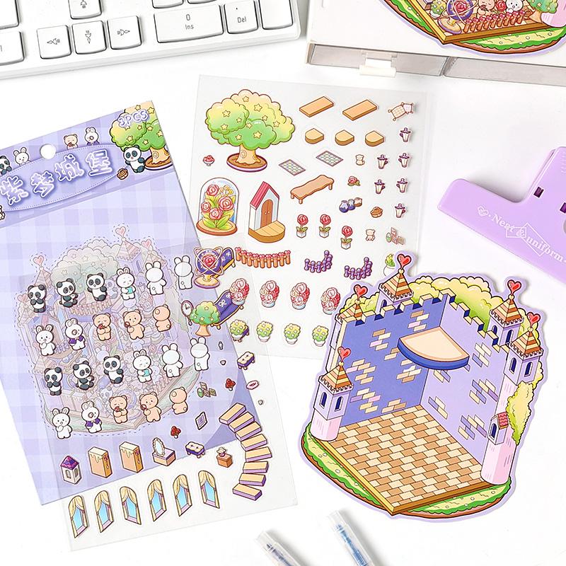 Kawaii Mini Cartoon Rainbow Castle Cabin Landscape Stickers Visual 3D Stacking Miniature Scene Pocket Cabin Children Stickers