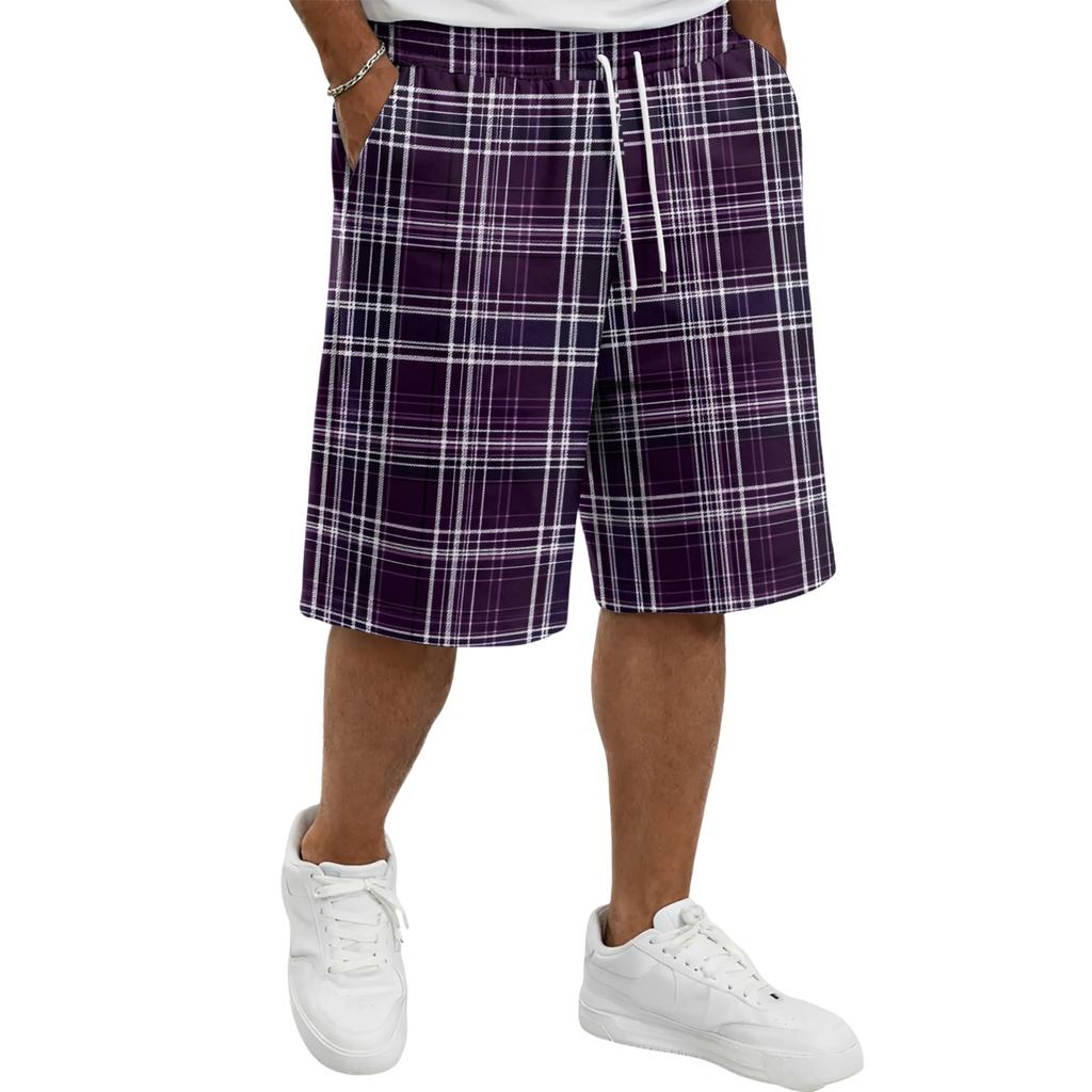 Mens Plaid Drawstring Waist Casual Shorts Relaxed Fit Knee Length Soft Fabric Lightweight Plaid Shorts for Daily Wear