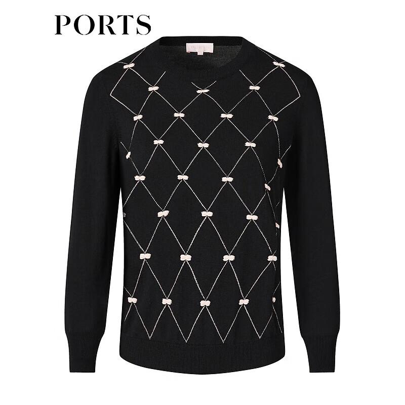 PORTS Women's 100% Wool Geometric Knit Round Neck Pullover