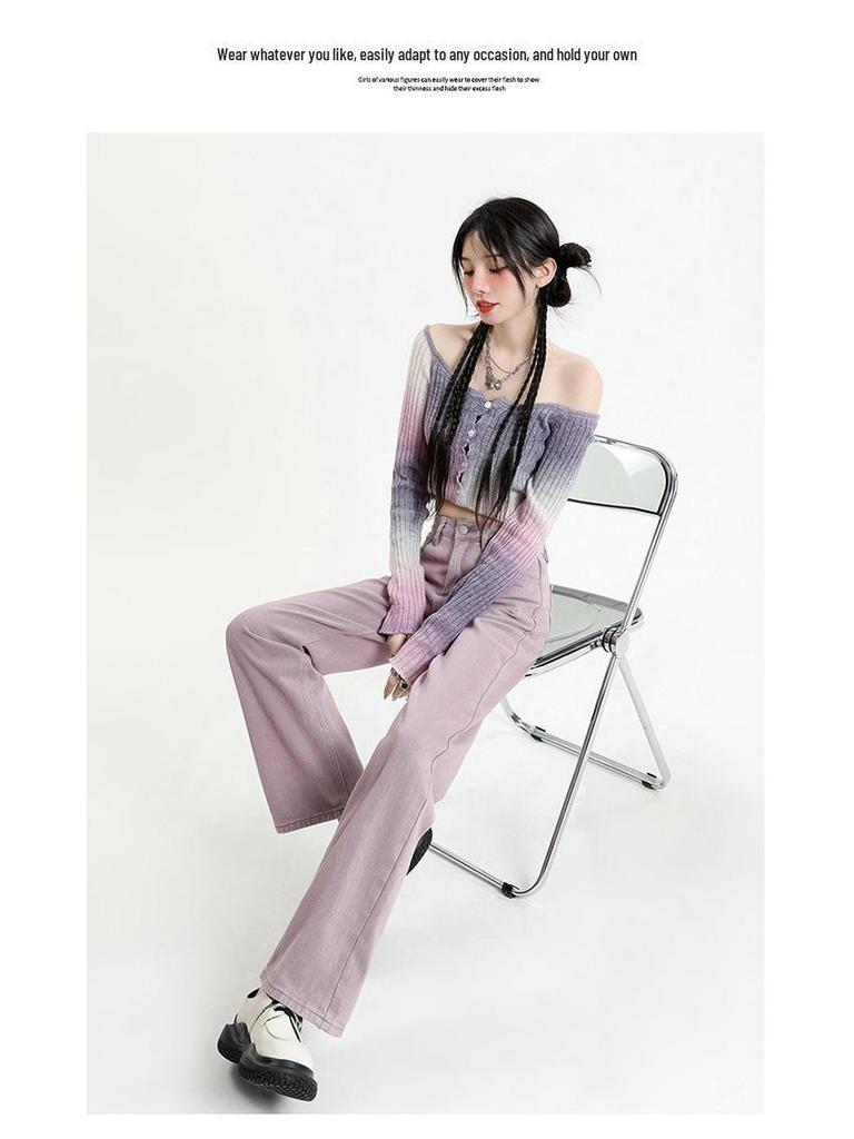 Women's High Waist Dirty Pink Wide-Leg Jeans - Slim and Loose Fit, Early Autumn 2024