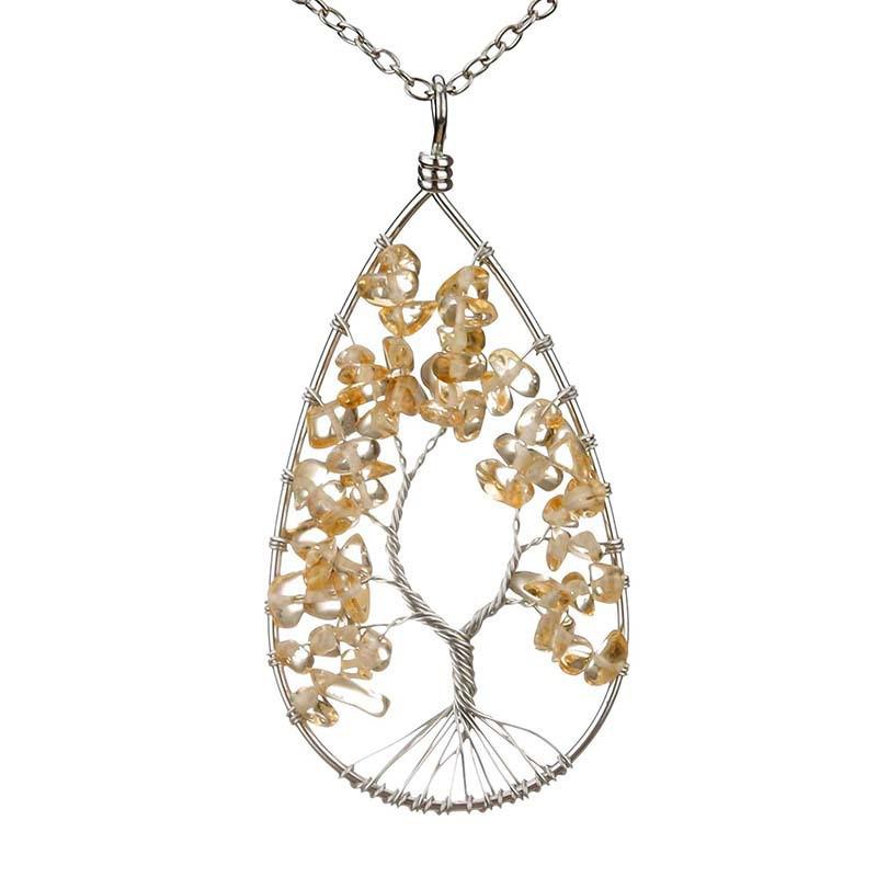 Silver Tree of Life Necklace with Seven-Color Natural Stone and Crystal Water Drop Pendant