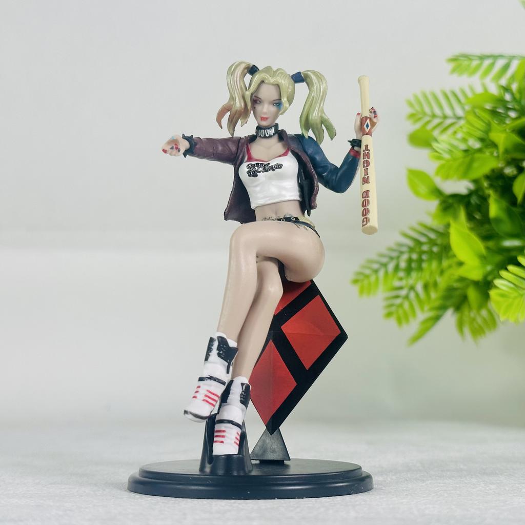 Harley Quinn Figure Birds of Prey Sitting Pose With Baseball Bat Anime Figurine Collectible Decor Leather Jacket Diamond Base