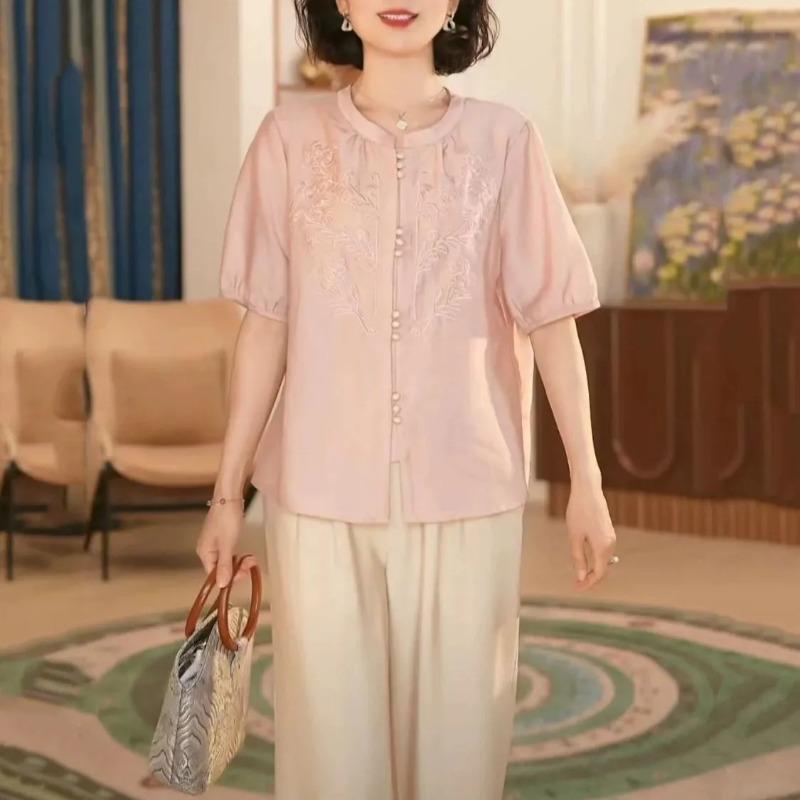 New Chinese Style Mother's Summer Short-sleeved T-shirt Tops Noble Temperament Middle-aged Elderly Women