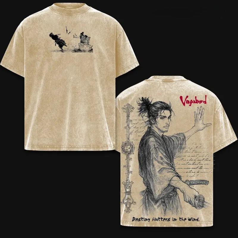 Hot Anime Vagabond Miyamoto Musashi Graphic Tee Men Cotton Clothing Vintage Washed Tshirt Casual Loose T-shirt Harajuku T Shirt S коричневый